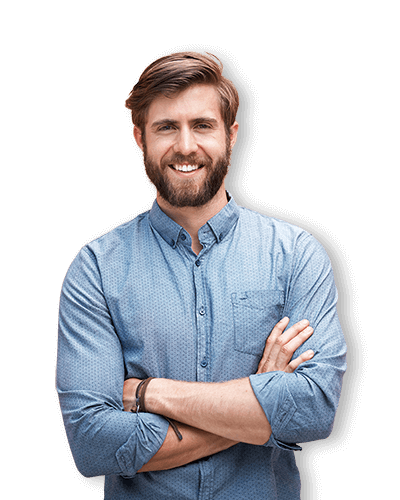 Bearded man smiling in blue button-down shirt